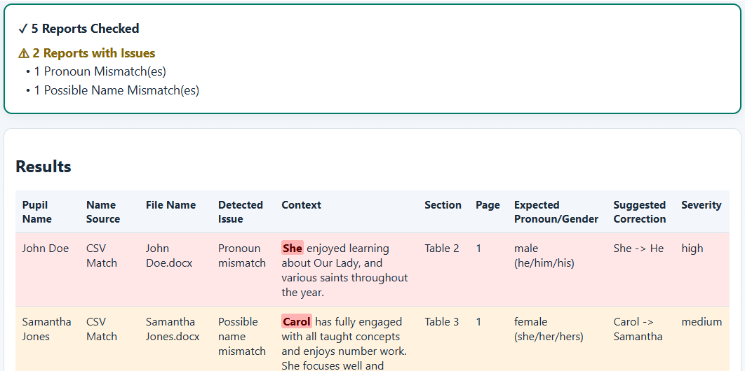 Example report checking results showing pronoun and pupil name issues found