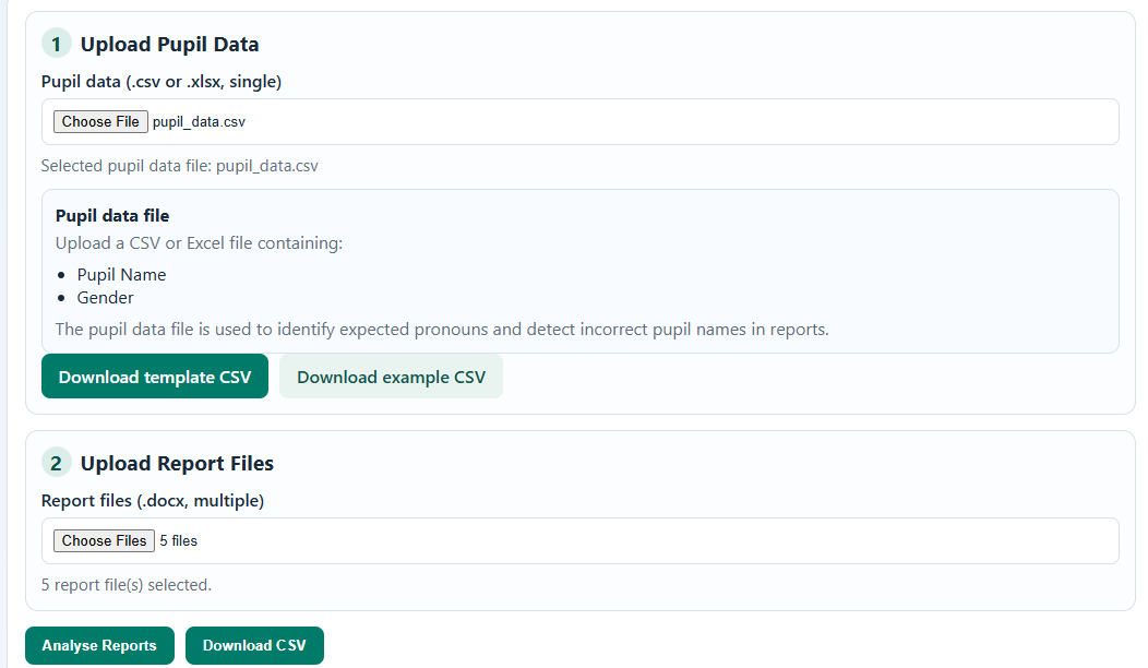 Screen showing pupil data template and report upload steps